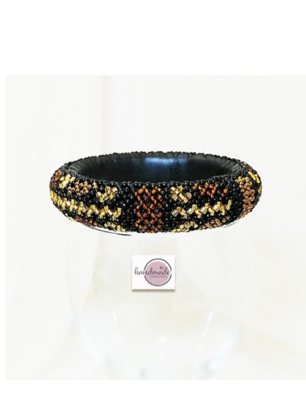 Handmade Bangle (br8) Women Gold Black Bead Leather Bracelet 7.5"